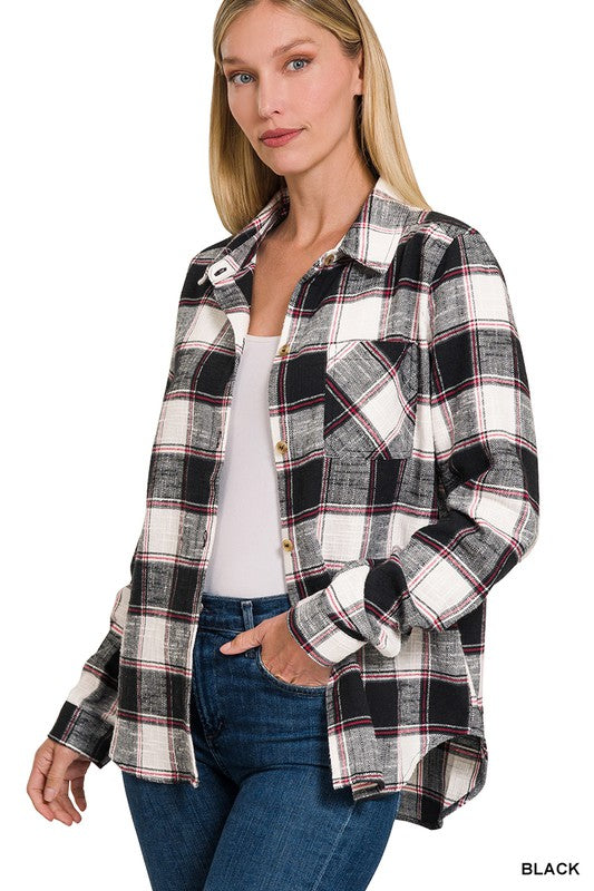 ZENANA Cotton Plaid Shacket With Front Pocket