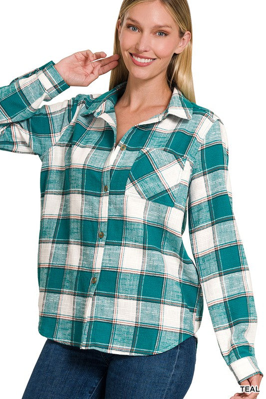 ZENANA Cotton Plaid Shacket With Front Pocket