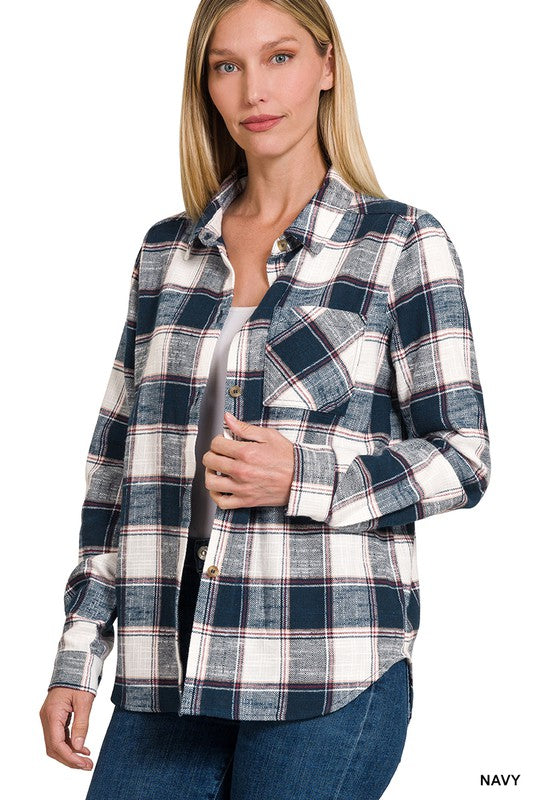 ZENANA Cotton Plaid Shacket With Front Pocket