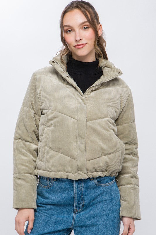 Load image into Gallery viewer, Love Tree Corduroy Puffer Jacket with Toggle Detail
