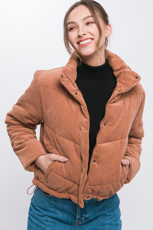 Load image into Gallery viewer, Love Tree Corduroy Puffer Jacket with Toggle Detail
