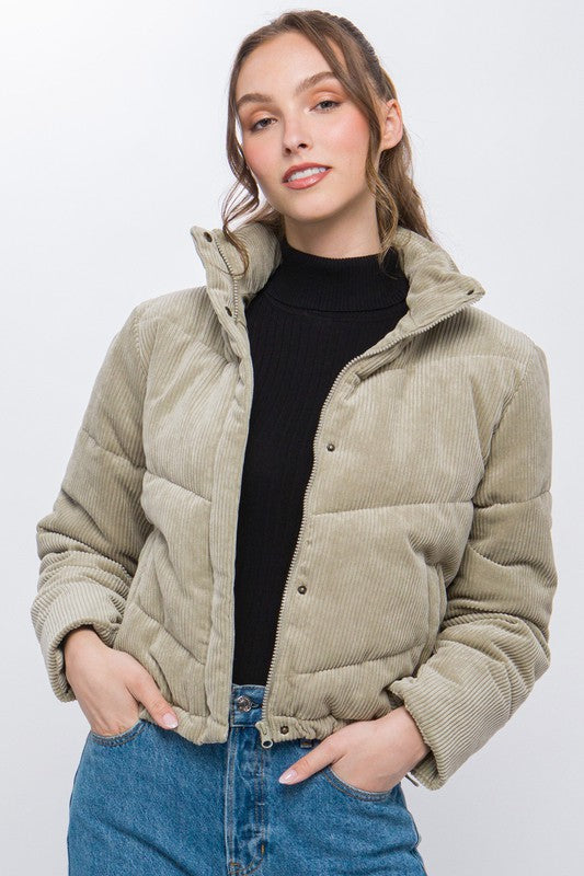 Love Tree Corduroy Puffer Jacket with Toggle Detail