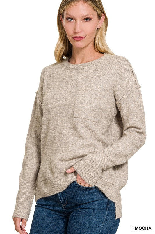 ZENANA Melange Hi-Low hem Round Neck Sweater