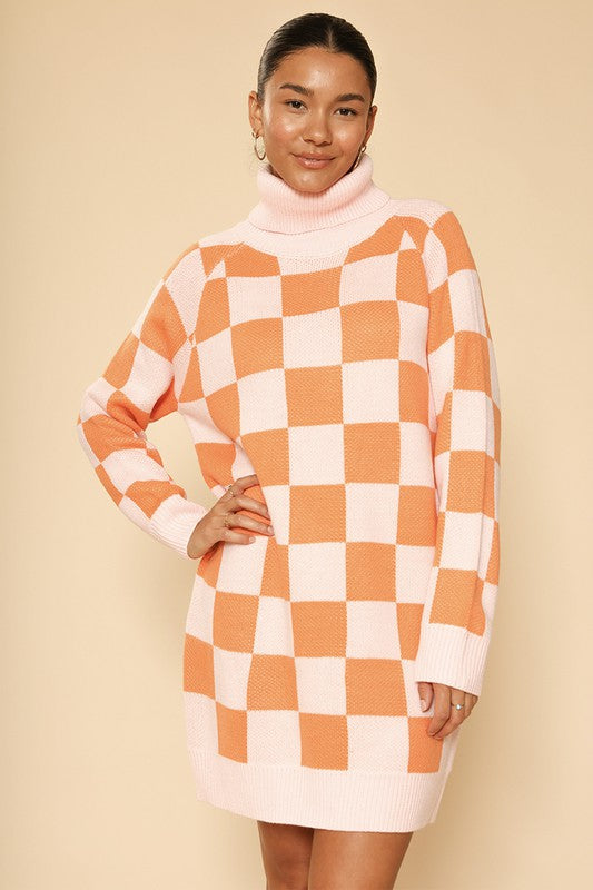 Miss Sparkling Checkered turtleneck sweater dress