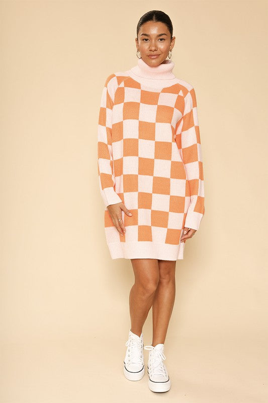 Miss Sparkling Checkered turtleneck sweater dress