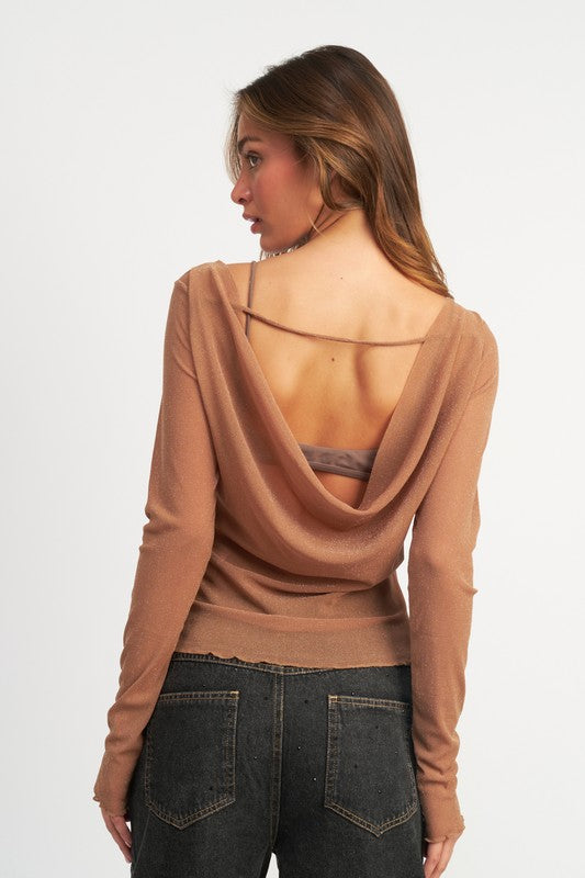 Emory Park GLITTER MESH TOP WITH BACK COWL