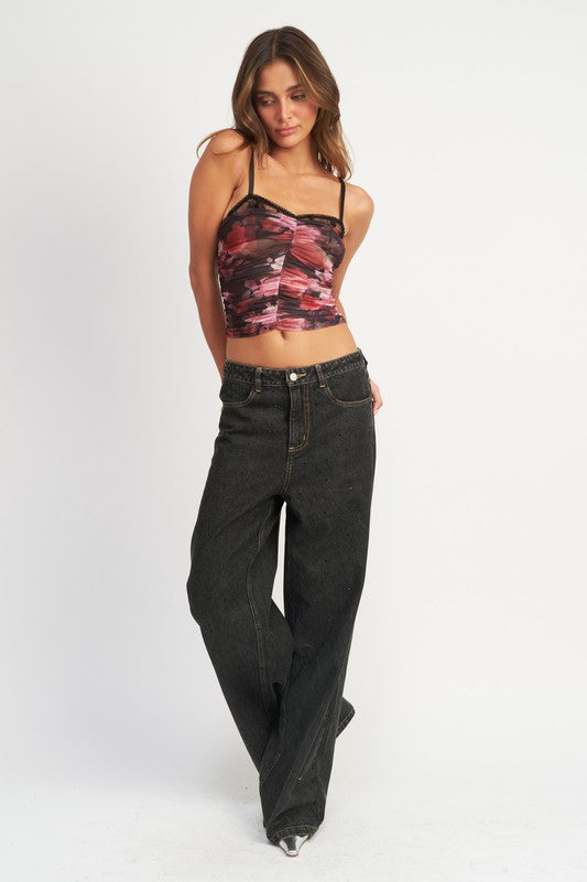 Emory Park RUCHED CROP TOP WITH LACE DETAIL