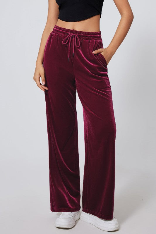 JUNIPER BLVD Velvet Drawstring Waist Wide Leg Pants