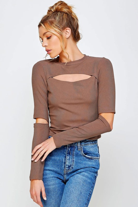 Sweet Generis RIBBED FITTED LONG SLEEVE TOP WITH CHEST CUTOUT