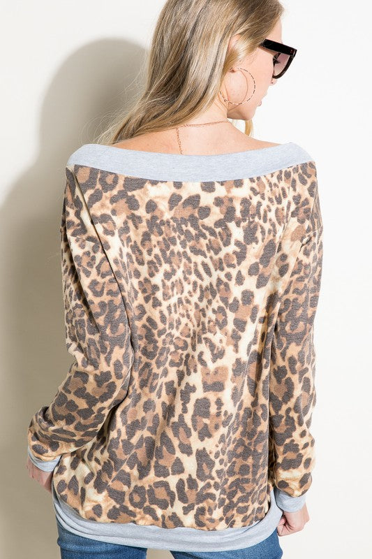 e Luna PLUS CHEETAH PRINT TERRY BANDED DETAIL TOP