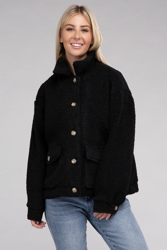 Ambiance Apparel Cozy Sherpa Button-Front Jacket