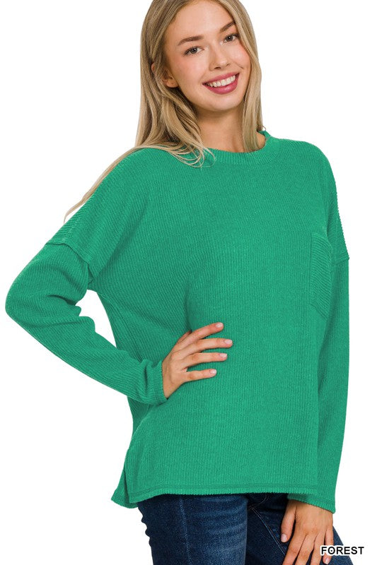 Zenana-Ribbed Brushed Melange Hacci Sweater With A Pocket