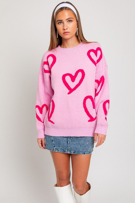 LE LIS Long Sleeve Round Neck Heart Printed Sweater