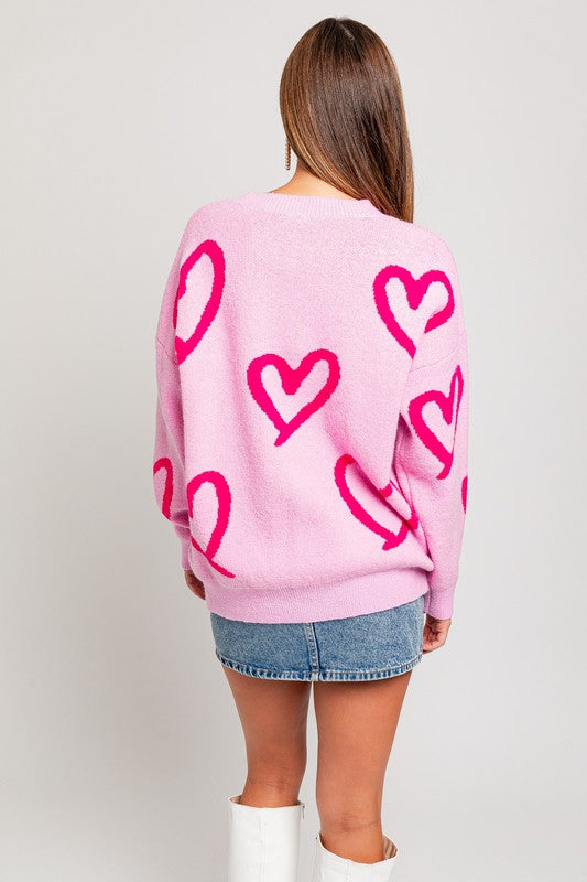 LE LIS Long Sleeve Round Neck Heart Printed Sweater