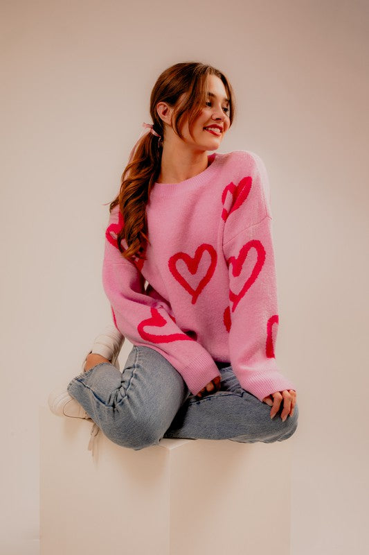 LE LIS Long Sleeve Round Neck Heart Printed Sweater