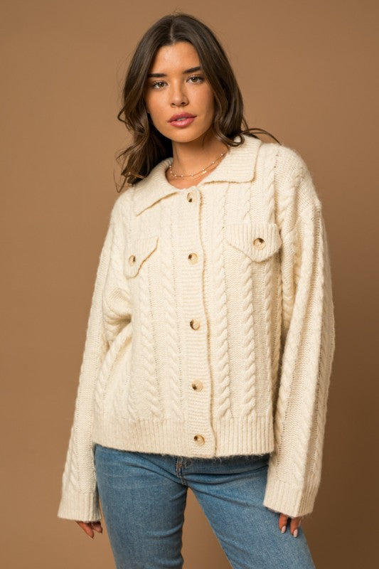 Gilli Collared Cable Sweater Cardigan
