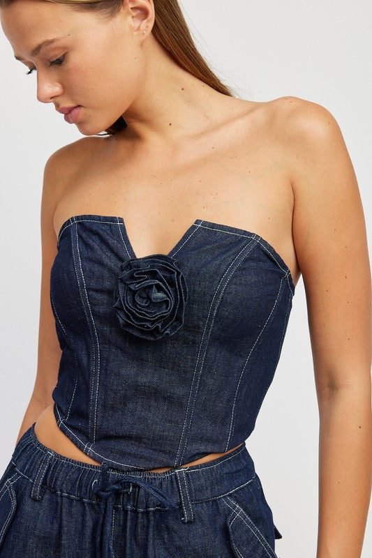 Emory Park DENIM CORSET TUBE TOP WITH ROSETTE DETAIL