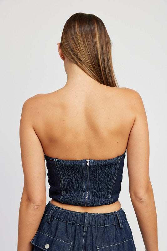 Emory Park DENIM CORSET TUBE TOP WITH ROSETTE DETAIL