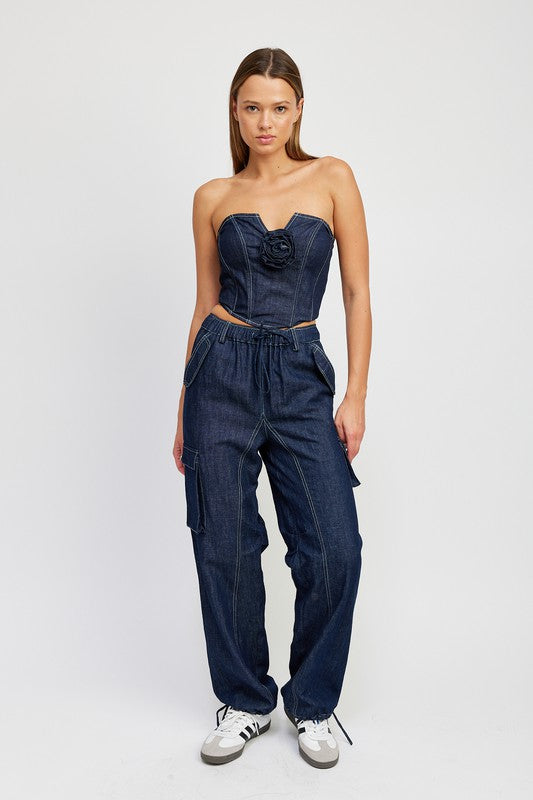 Emory Park DENIM CORSET TUBE TOP WITH ROSETTE DETAIL