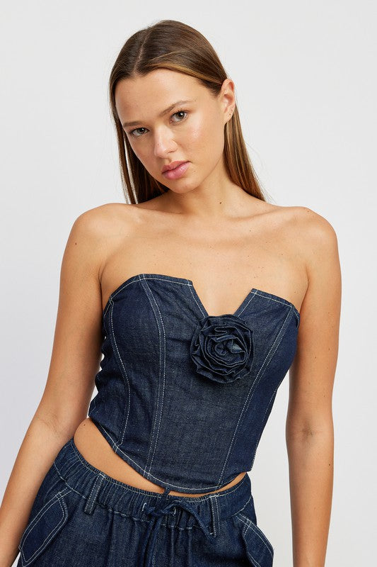 Emory Park DENIM CORSET TUBE TOP WITH ROSETTE DETAIL