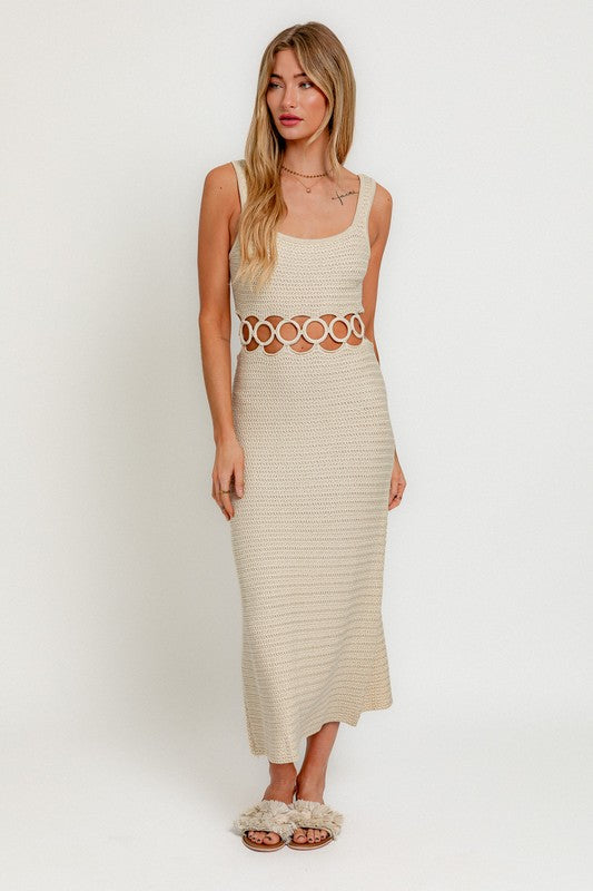 LE LIS Square Neck Sleeveless Crochet Midi Dress