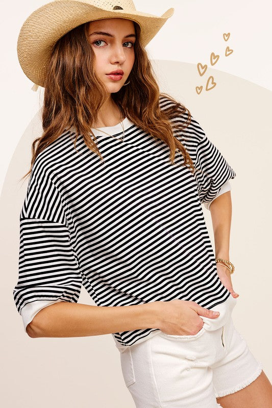 La Miel Crew Neck Stripe Short Sleeve Top