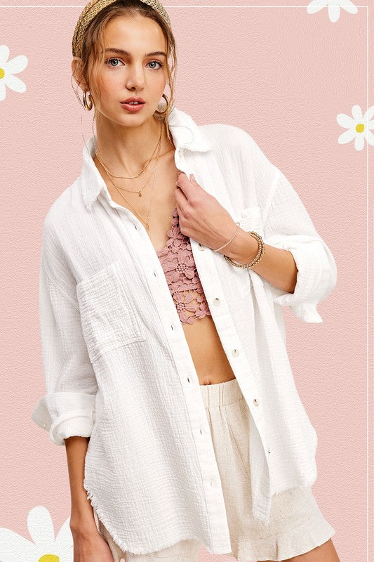 La Miel Soft Washed Crinkled Gauze Button Down Shirt