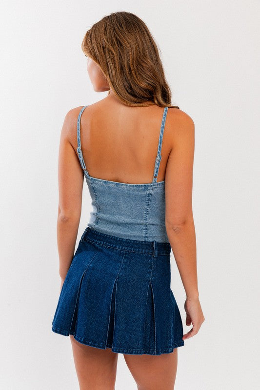 LE LIS Denim Bustier Spaghetti Strap Thong Bodysuit