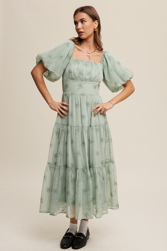 Listicle Flower Embroidered Puff Sleeve Tiered Maxi Dress