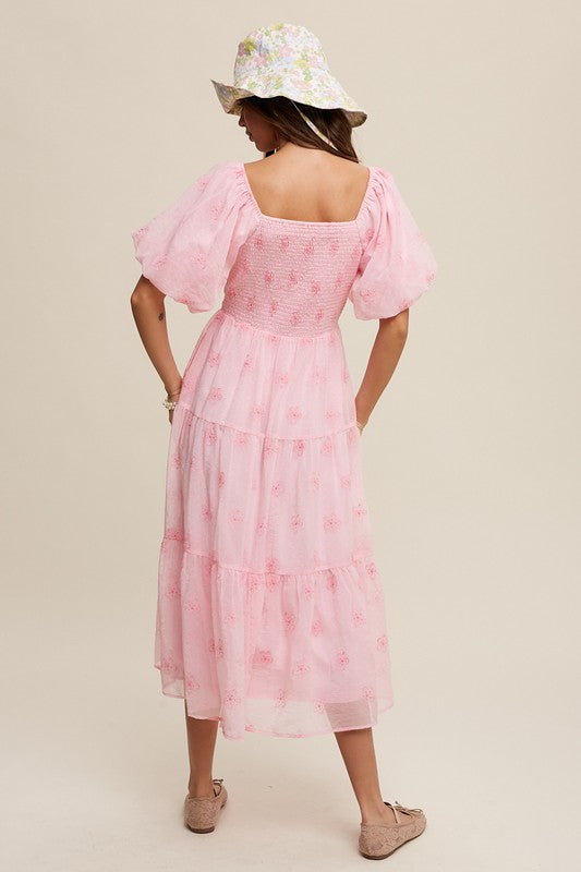 Listicle Flower Embroidered Puff Sleeve Tiered Maxi Dress