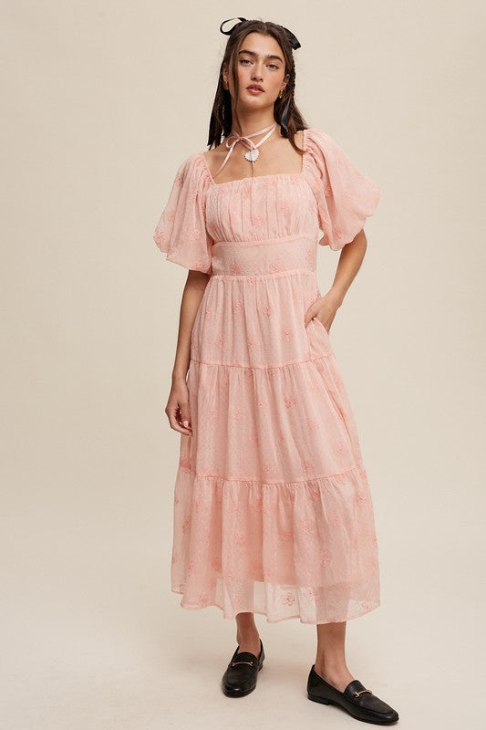 Listicle Flower Embroidered Puff Sleeve Tiered Maxi Dress