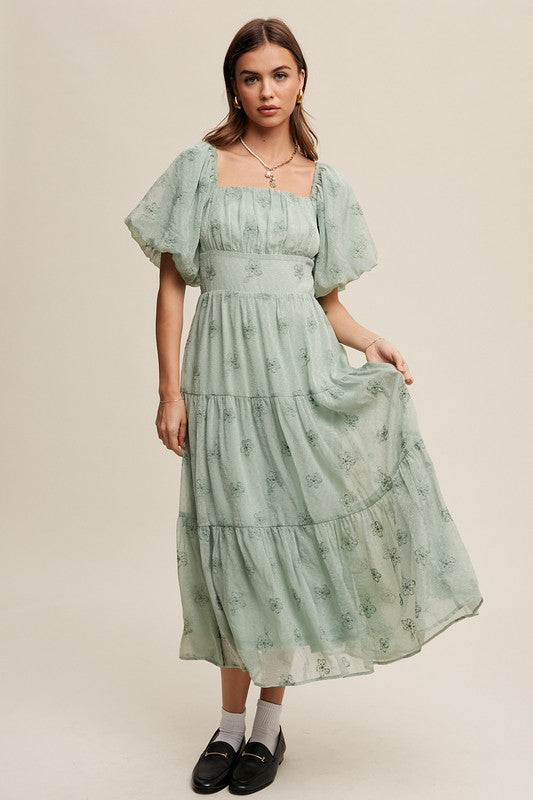 Listicle Flower Embroidered Puff Sleeve Tiered Maxi Dress