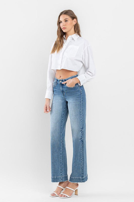 Flying Monkey High Rise Wide Leg Jeans with Trouser Hem Detail