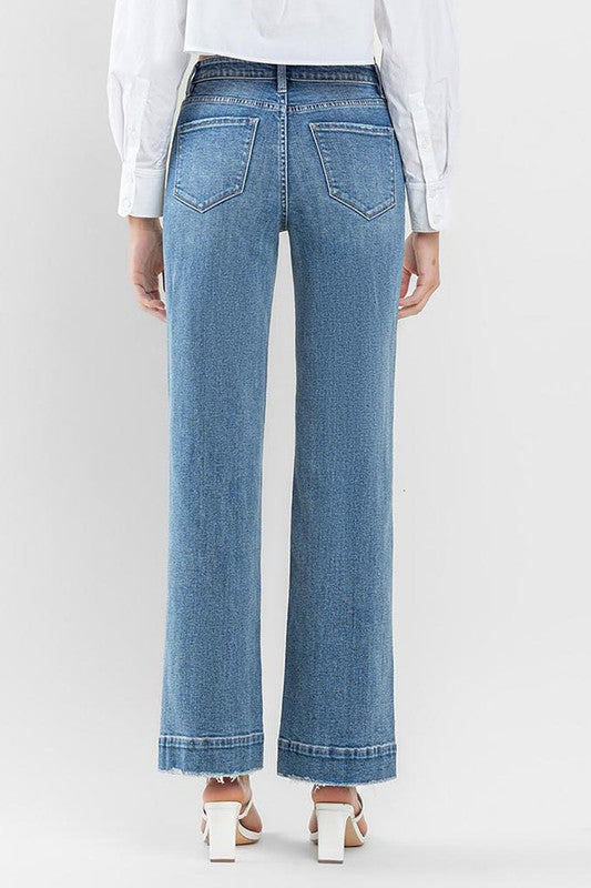 Flying Monkey High Rise Wide Leg Jeans with Trouser Hem Detail