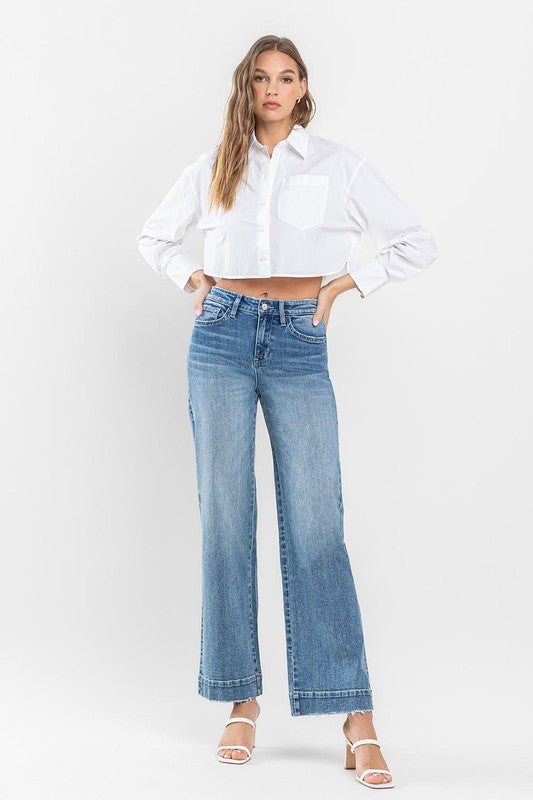 Flying Monkey High Rise Wide Leg Jeans with Trouser Hem Detail