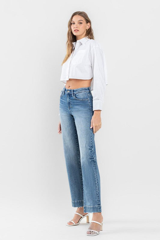 Flying Monkey High Rise Wide Leg Jeans with Trouser Hem Detail