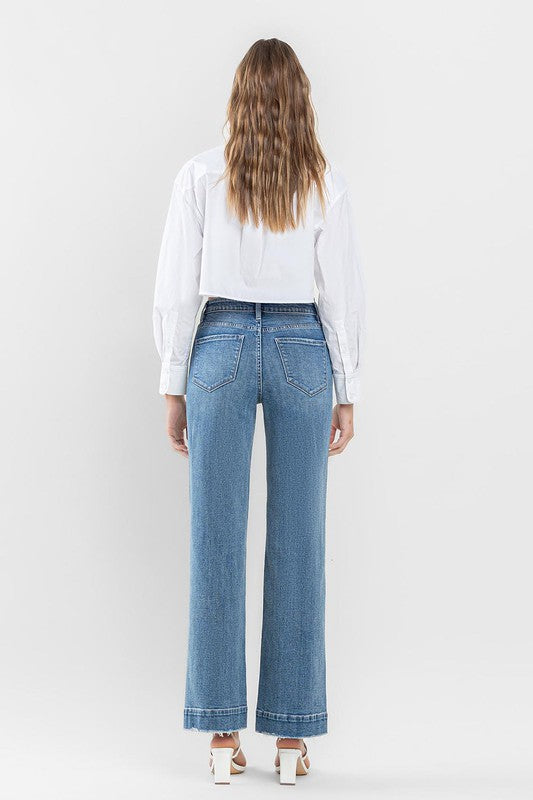 Flying Monkey High Rise Wide Leg Jeans with Trouser Hem Detail