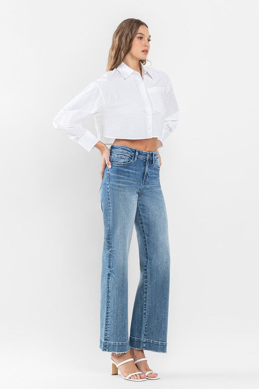 Flying Monkey High Rise Wide Leg Jeans with Trouser Hem Detail