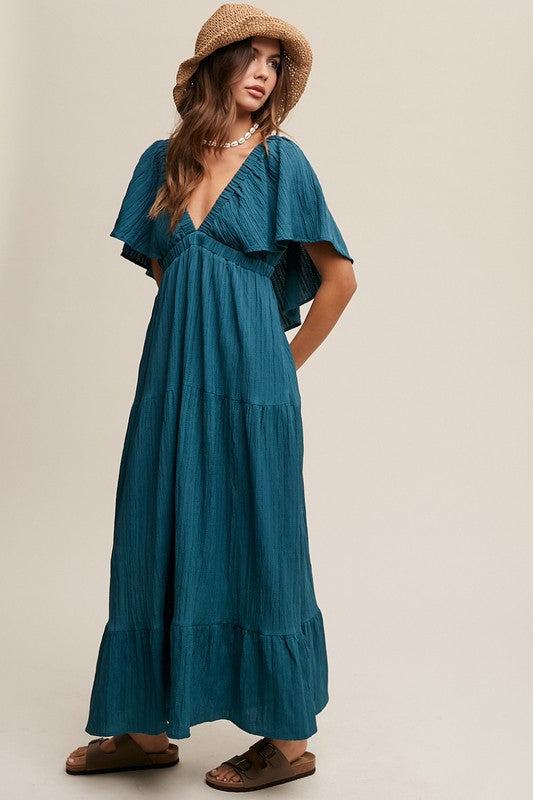 Listicle V-neck Ruffle Sleeve Flowy Vacation Dress