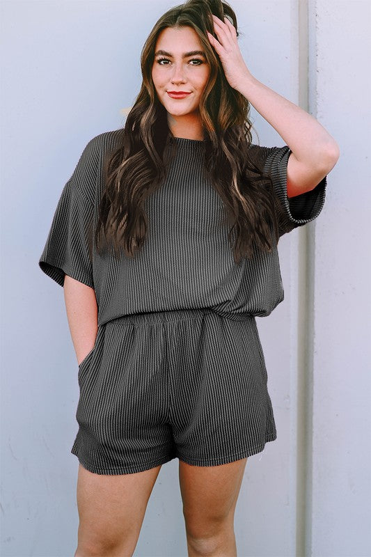 SHEWIN Ribbed Textured Knit Loose Tee and Shorts Set