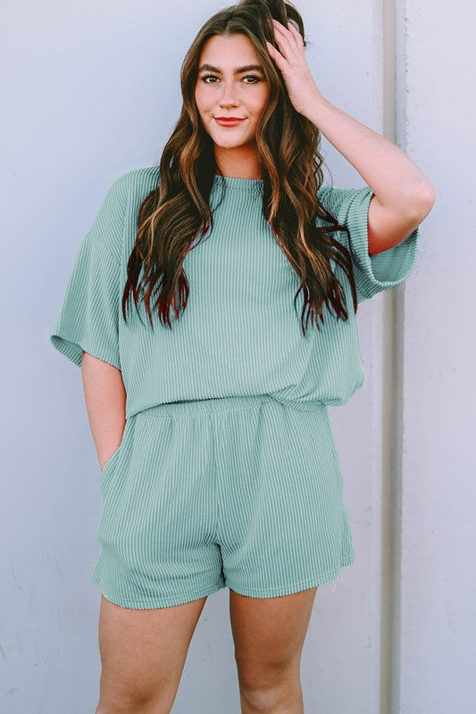 SHEWIN Ribbed Textured Knit Loose Tee and Shorts Set