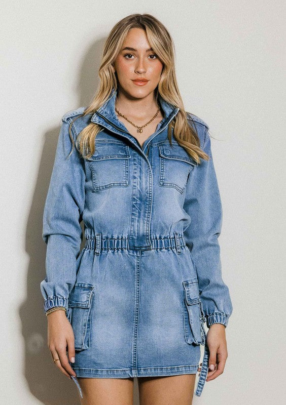 Vibrant M.i.U Long Sleeve Denim Romper Skirt