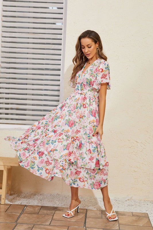 Miss Sparkling Tiered floral midi dress