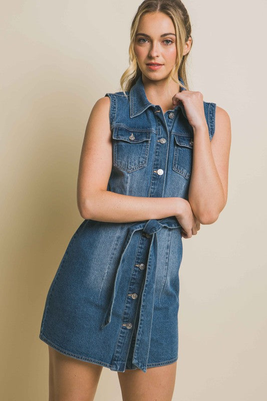 Love Tree Denim Strapless Dress with Waist Tie