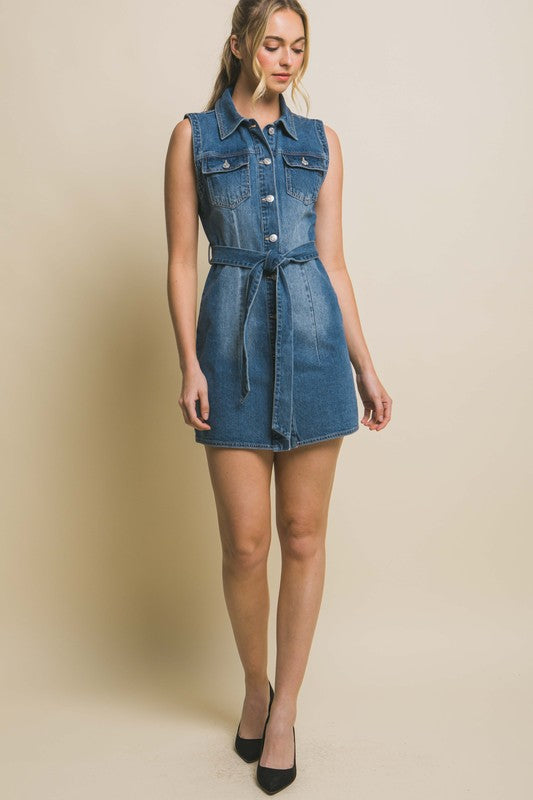 Love Tree Denim Strapless Dress with Waist Tie