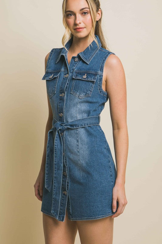 Love Tree Denim Strapless Dress with Waist Tie