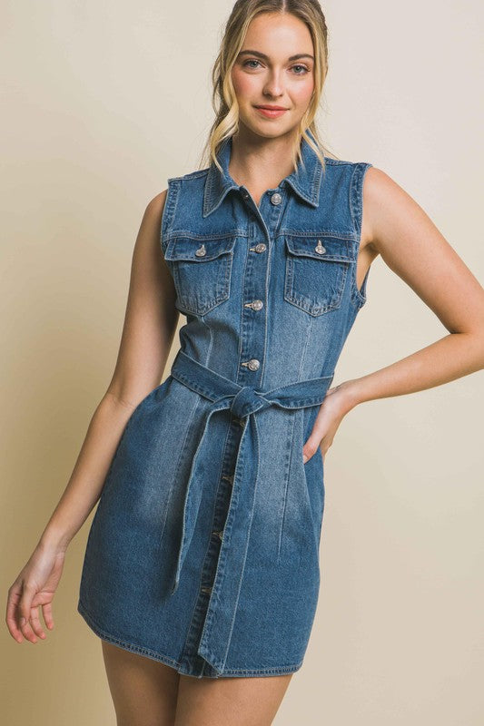 Love Tree Denim Strapless Dress with Waist Tie