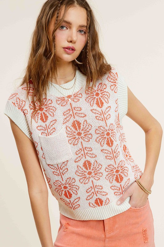 La Miel Flower Pattern Sleeveless Sweater Top