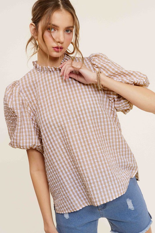 La Miel Gingham Check Print Puff Sleeve Top