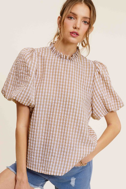 La Miel Gingham Check Print Puff Sleeve Top